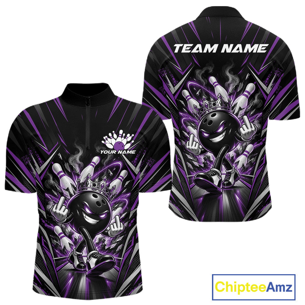 Custom Black And Purple Funny Bowling Ball With Crown Bowling Team Quarter Zip Shirt