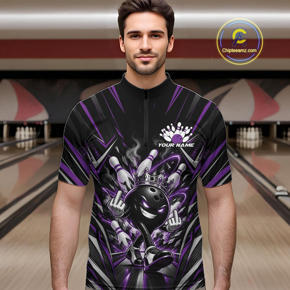Custom Black And Purple Funny Bowling Ball With Crown Bowling Team Quarter Zip Shirt