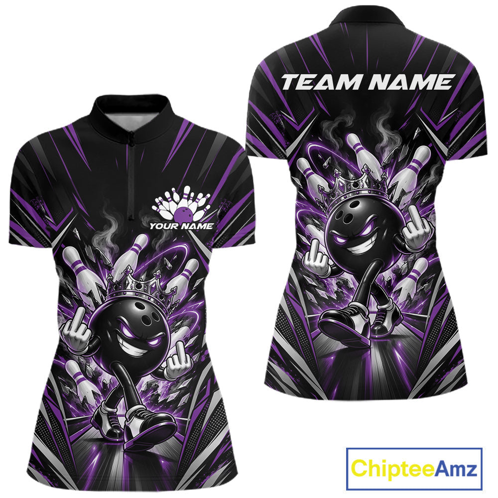 Custom Black And Purple Funny Bowling Ball With Crown Bowling Quarter-Zip Shirt