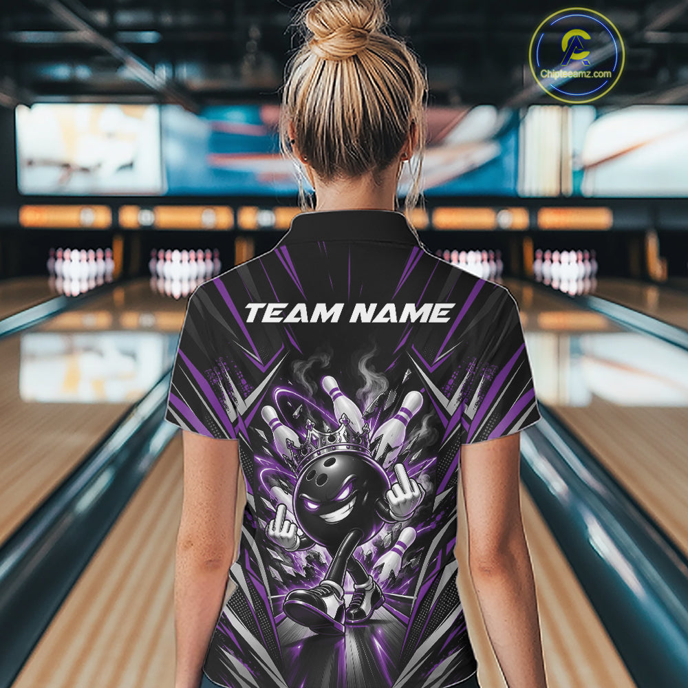 Custom Black And Purple Funny Bowling Ball With Crown Bowling Quarter-Zip Shirt
