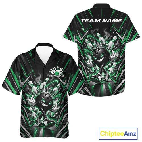 Custom Black And Green Funny Bowling Ball With Crown Bowling Team And Button Up Shirt