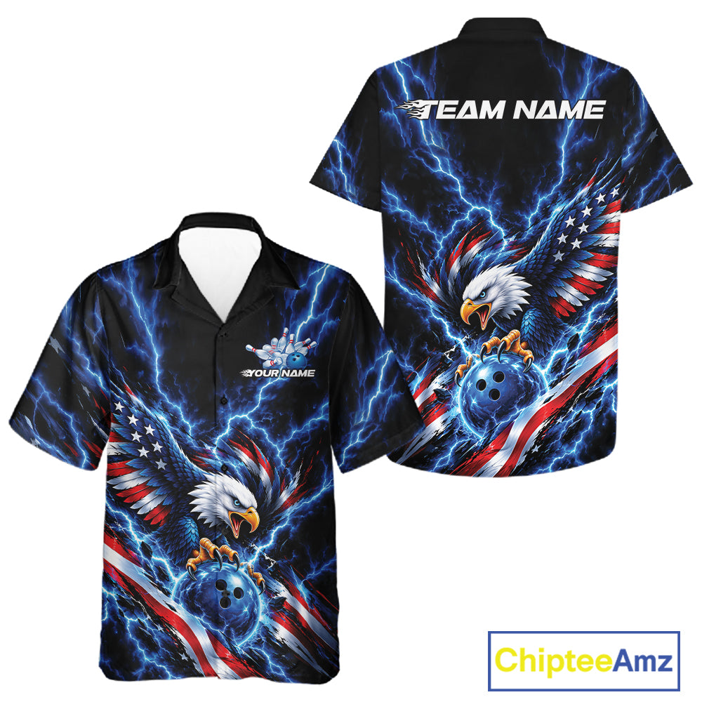 Custom Blue Lightning Patriotic Eagle Bowling Team And Button Up Shirt, Bowling League Shirt