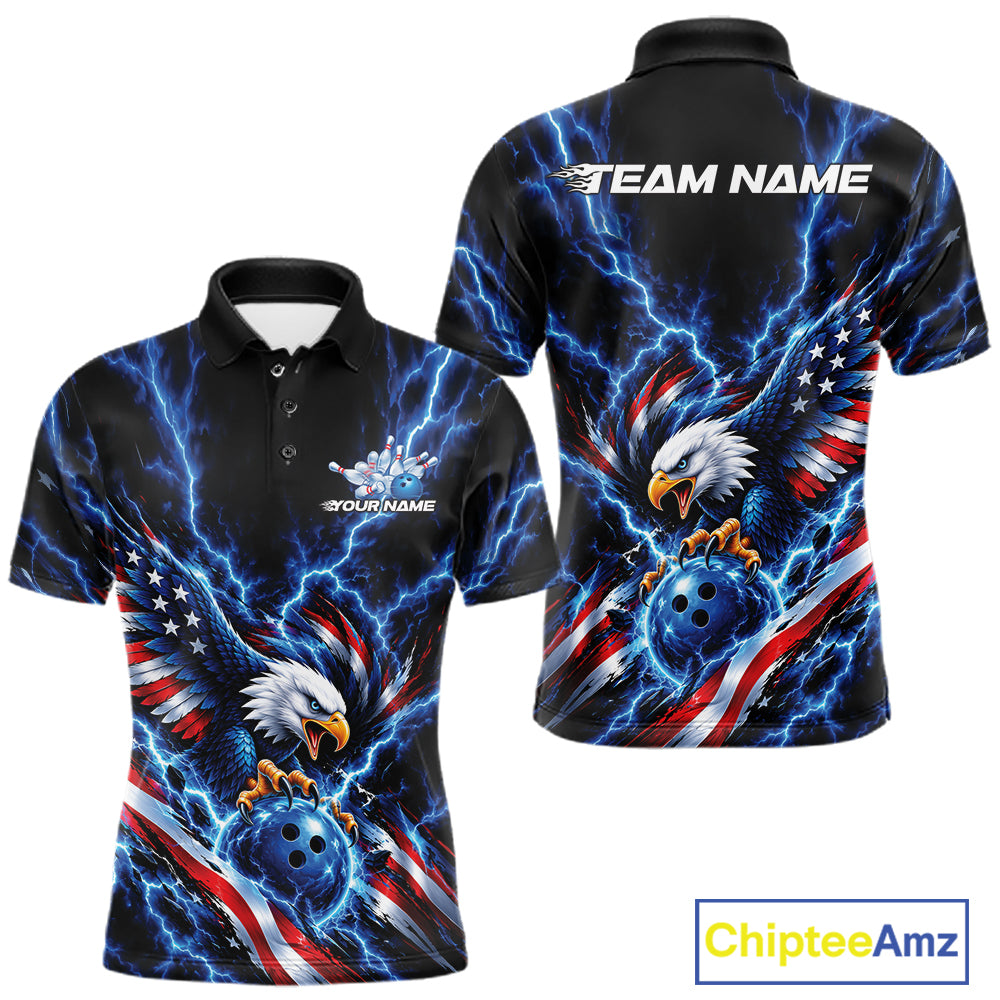 Custom Blue Lightning Patriotic Eagle Bowling Team Polo Shirt, Bowling League Shirt