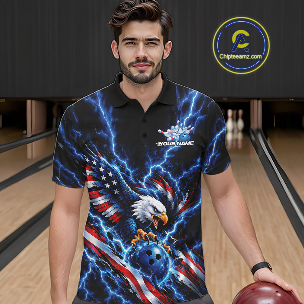 Custom Blue Lightning Patriotic Eagle Bowling Team Polo Shirt, Bowling League Shirt