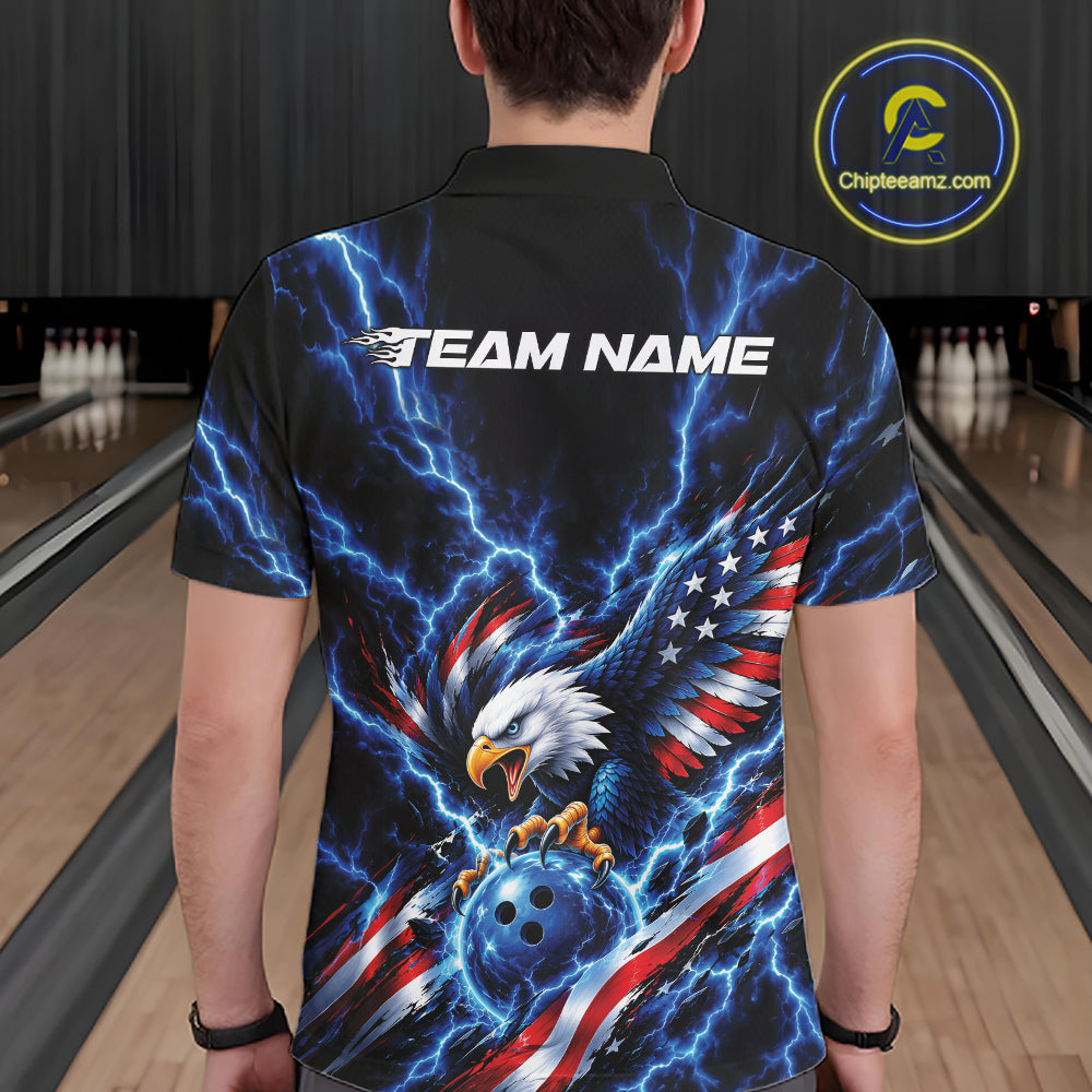 Custom Blue Lightning Patriotic Eagle Bowling Team Polo Shirt, Bowling League Shirt