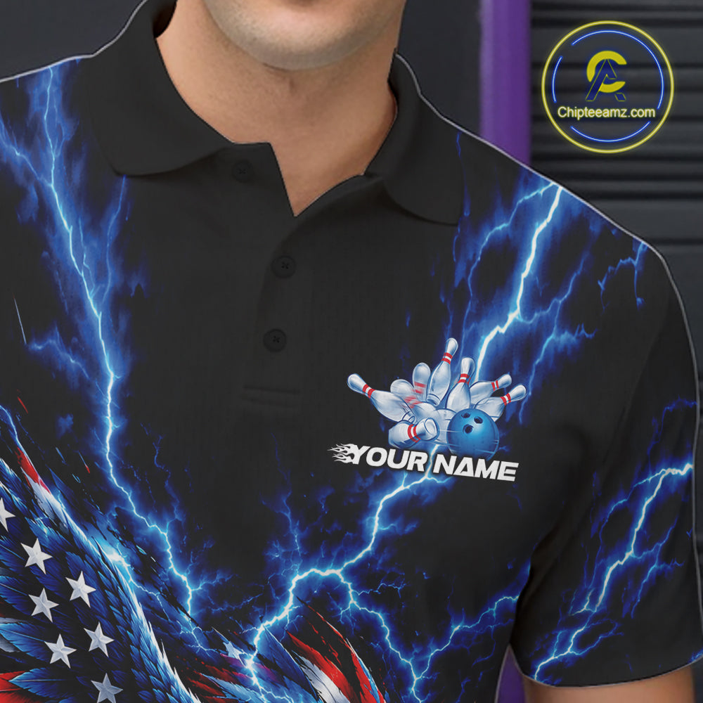 Custom Blue Lightning Patriotic Eagle Bowling Team Polo Shirt, Bowling League Shirt