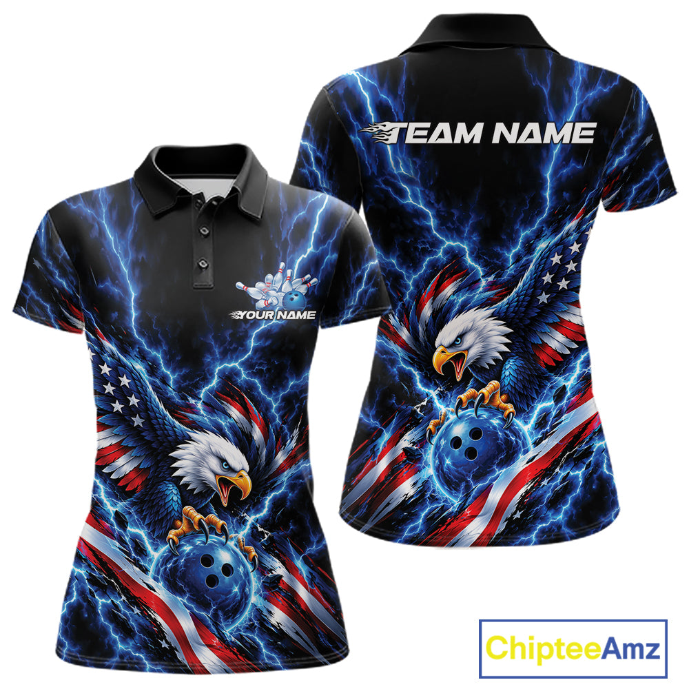 Custom Blue Lightning Patriotic Eagle Bowling Team Polo Shirt, Bowling League Shirt