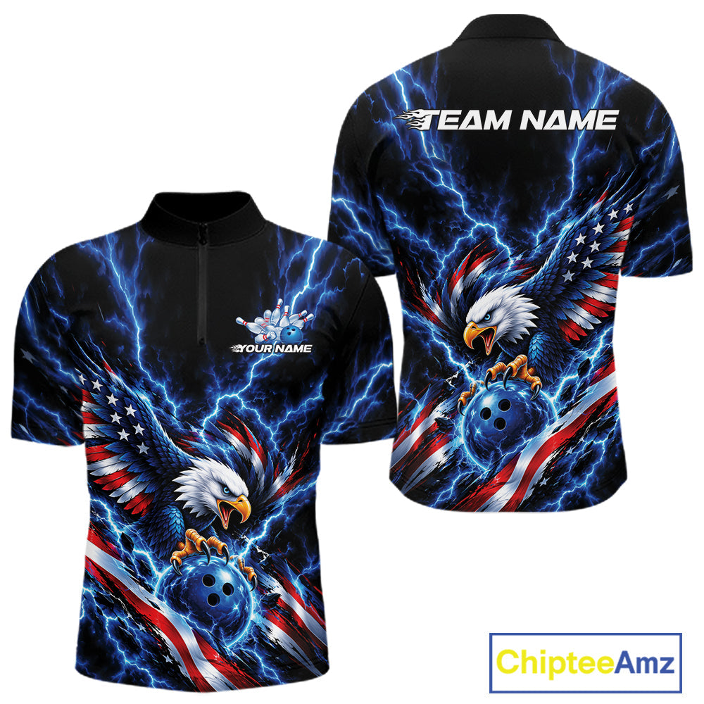 Custom Blue Lightning Patriotic Eagle Bowling Team Quarter Zip Shirt, Bowling League Shirt