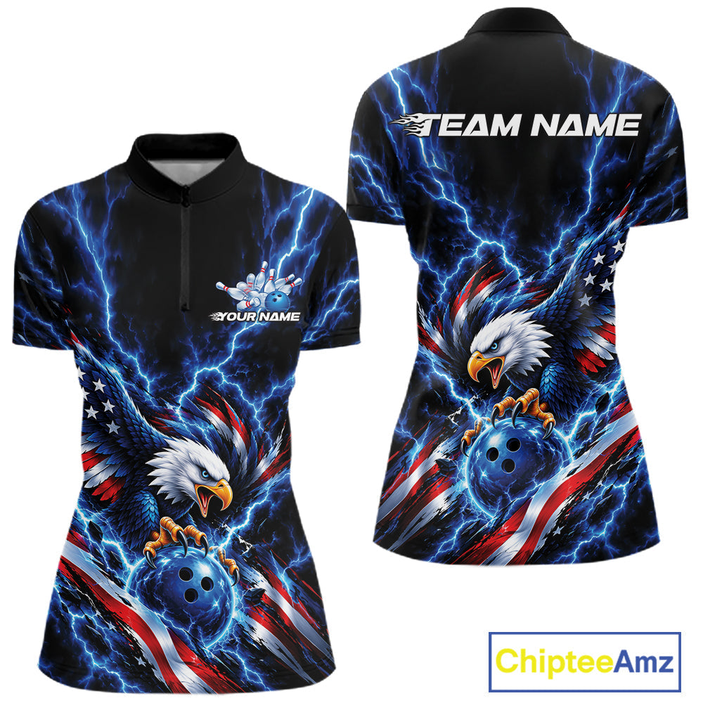 Custom Blue Lightning Patriotic Eagle Bowling League Quarter-Zip Team Shirt