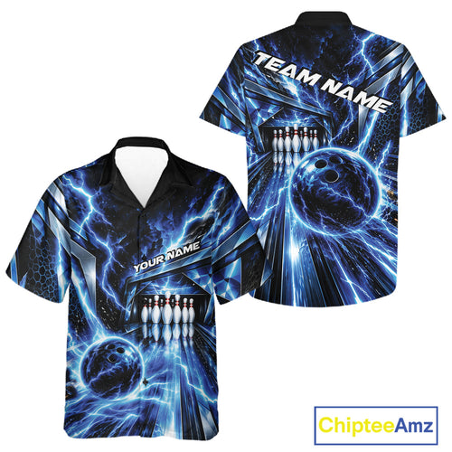 Custom Blue Lightning Bowling Button Up Shirt And, Bowling League Shirt Bowler Outfit