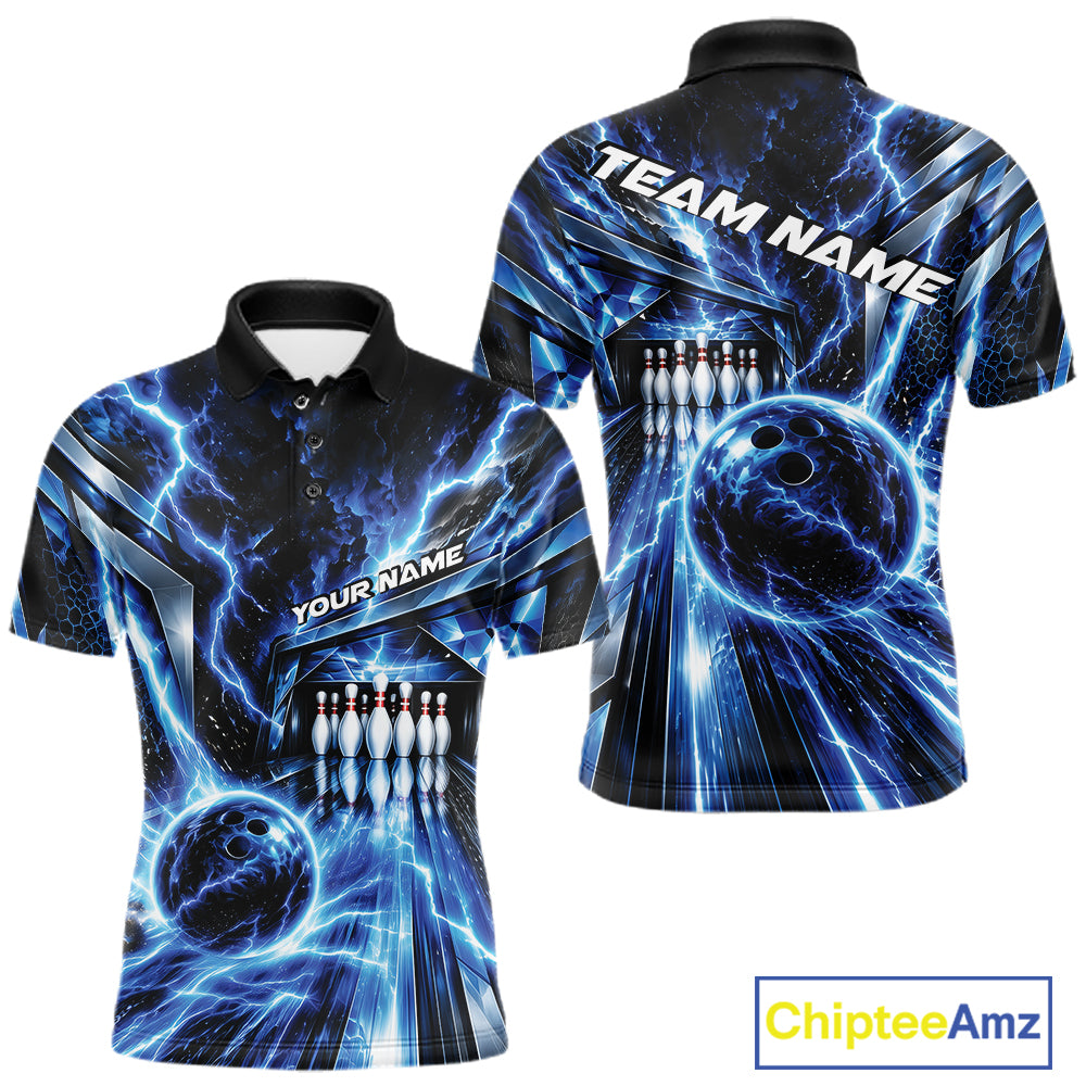 Custom Blue Lightning Bowling Polo Shirt, Bowling League Shirt Bowler Outfit