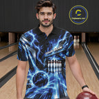 Custom Blue Lightning Bowling Polo Shirt, Bowling League Shirt Bowler Outfit