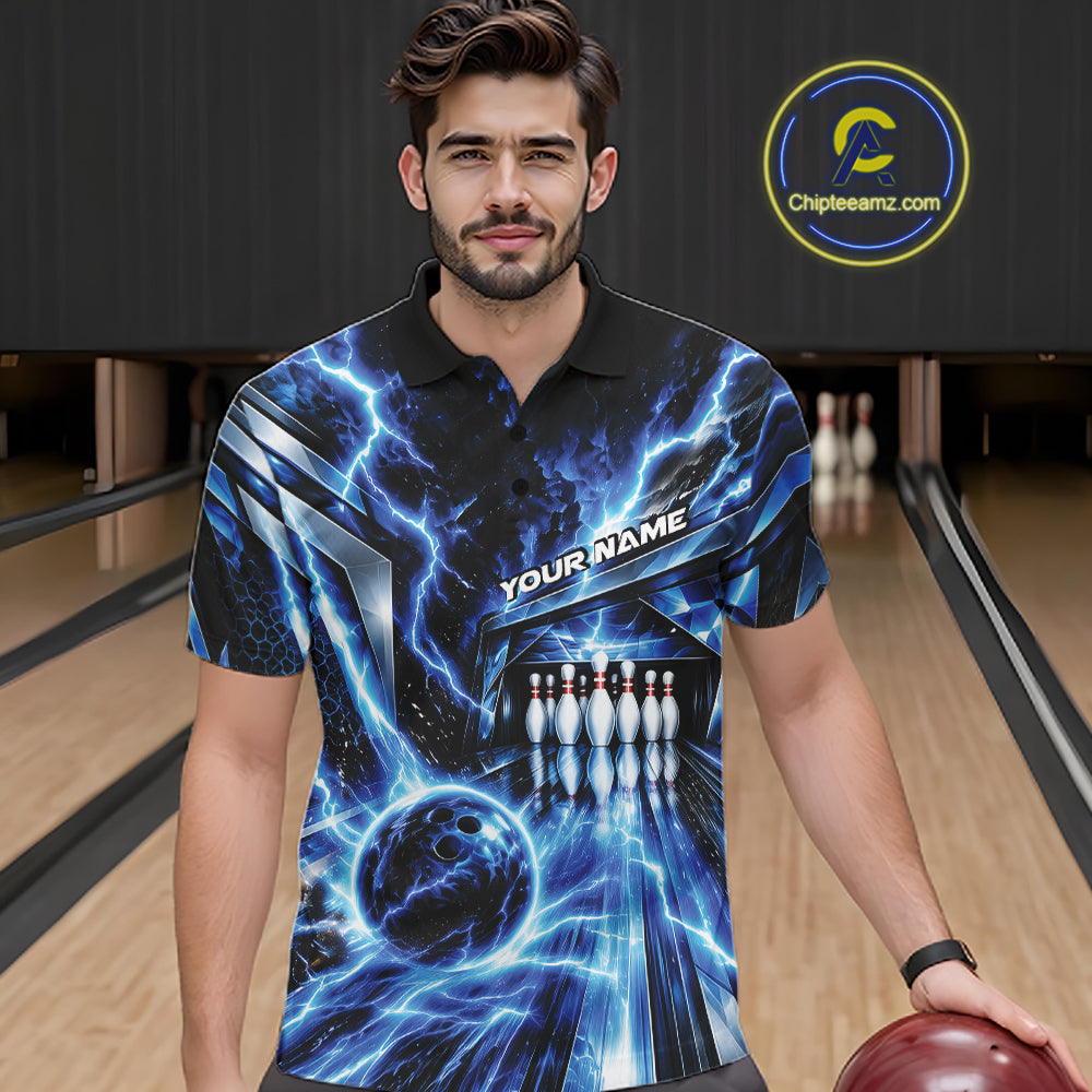 Custom Blue Lightning Bowling Polo Shirt, Bowling League Shirt Bowler Outfit