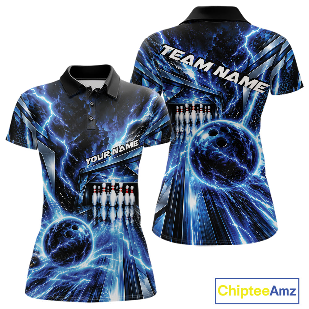 Custom Blue Lightning Bowling Polo Shirt, Bowling League Shirt Bowler Outfit
