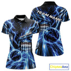 Custom Blue Lightning Bowling Polo Shirt, Bowling League Shirt Bowler Outfit