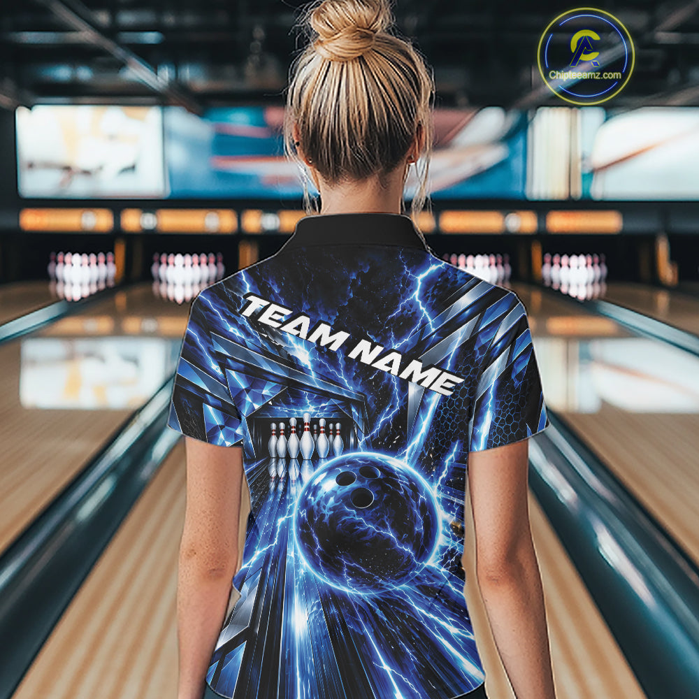 Custom Blue Lightning Bowling Polo Shirt, Bowling League Shirt Bowler Outfit