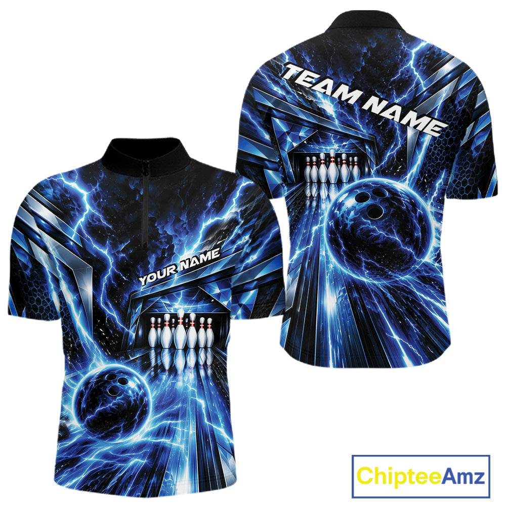 Custom Blue Lightning Bowling Quarter Zip Shirt, Bowling League Shirt Bowler Outfit
