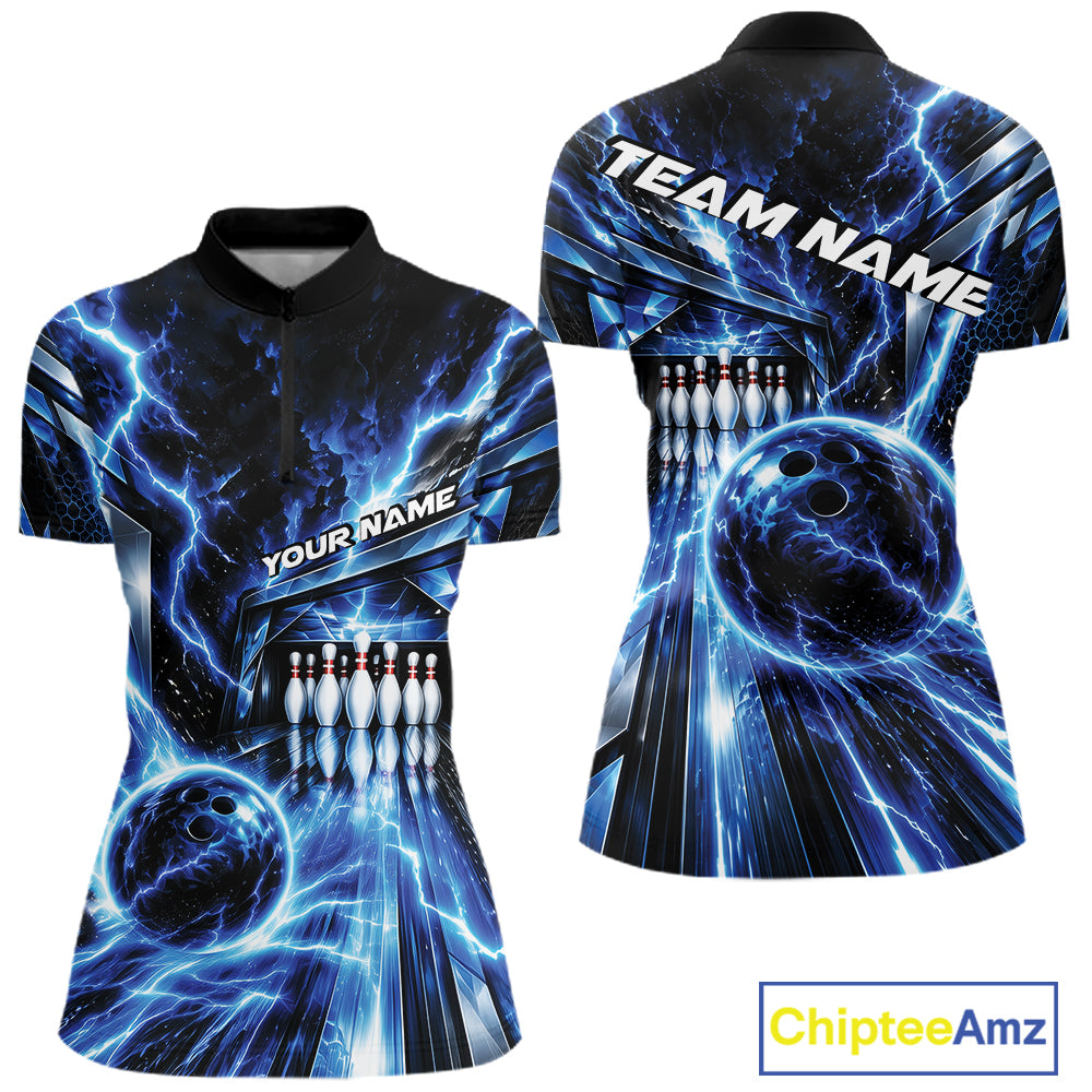 Custom Blue Lightning Bowling Quarter-Zip Shirt, Bowling League Shirt