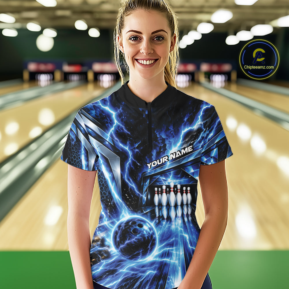 Custom Blue Lightning Bowling Quarter-Zip Shirt, Bowling League Shirt