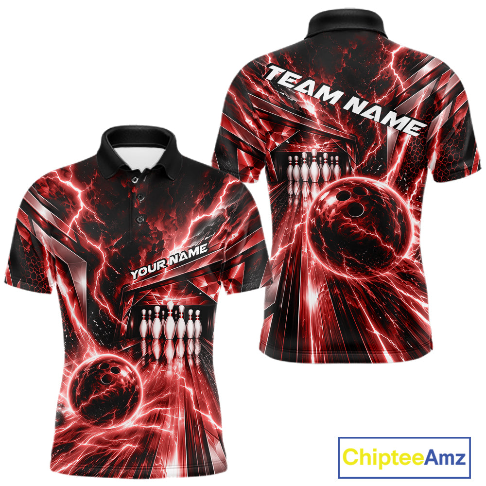 Custom Red Lightning Bowling Polo Shirt, Bowling League Shirt Bowler Outfit