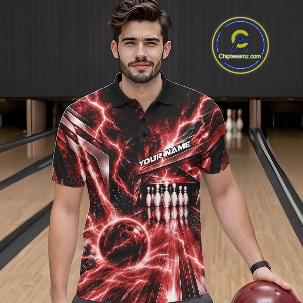 Custom Red Lightning Bowling Polo Shirt, Bowling League Shirt Bowler Outfit