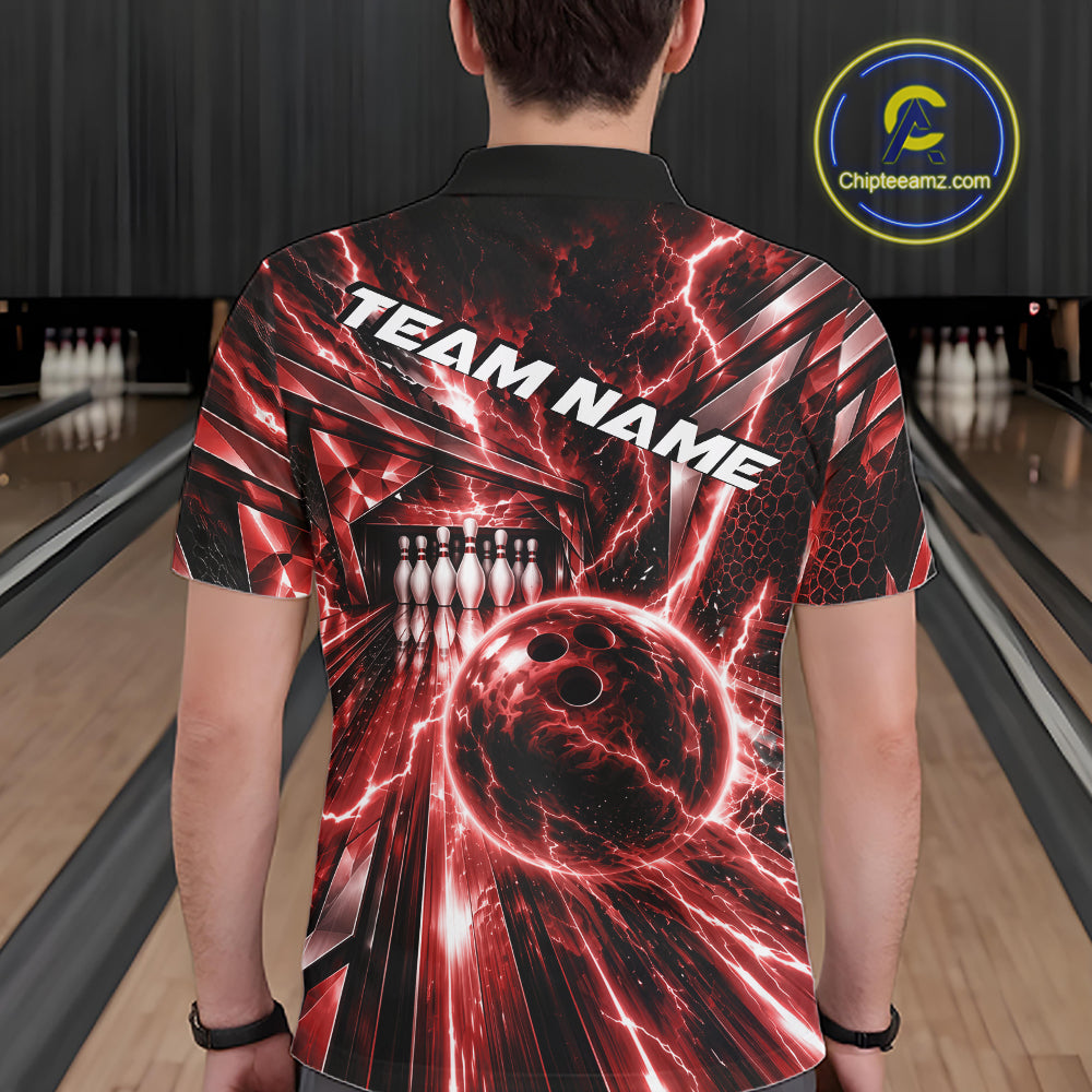 Custom Red Lightning Bowling Polo Shirt, Bowling League Shirt Bowler Outfit