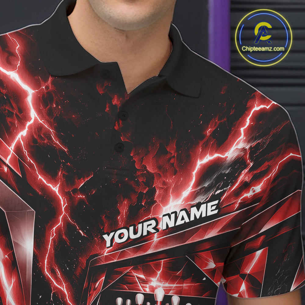 Custom Red Lightning Bowling Polo Shirt, Bowling League Shirt Bowler Outfit