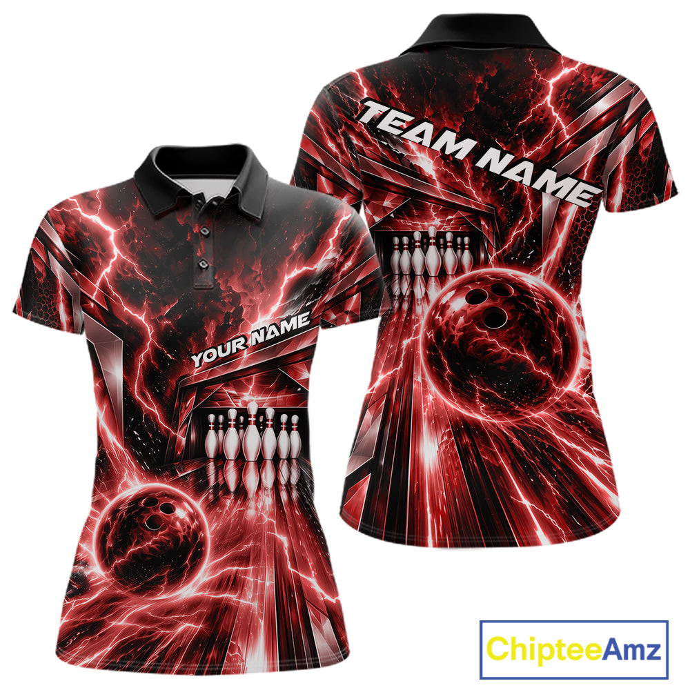 Custom Red Lightning Bowling Polo Shirt, Bowling League Shirt Bowler Outfit