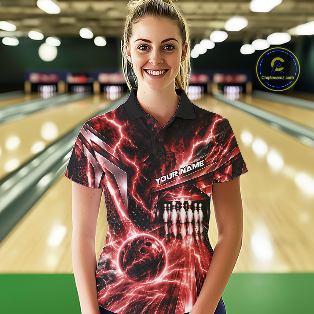Custom Red Lightning Bowling Polo Shirt, Bowling League Shirt Bowler Outfit
