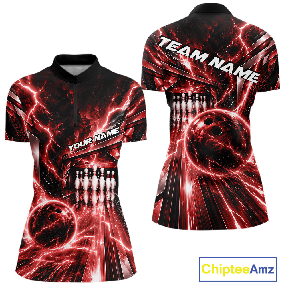 Custom Red Lightning Bowling Quarter-Zip Shirt, Bowling League Shirt