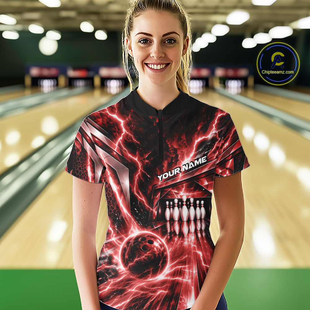 Custom Red Lightning Bowling Quarter-Zip Shirt, Bowling League Shirt