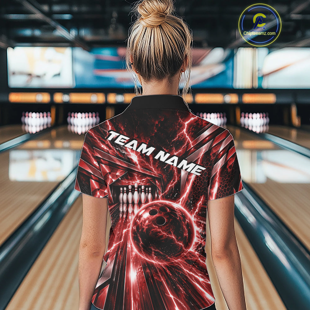 Custom Red Lightning Bowling Quarter-Zip Shirt, Bowling League Shirt