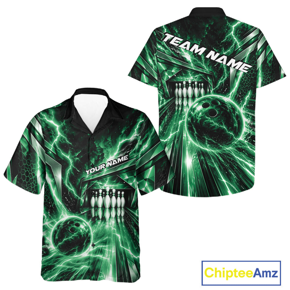 Custom Green Lightning Bowling Button Up Shirt And, Bowling League Shirt Bowler Outfit
