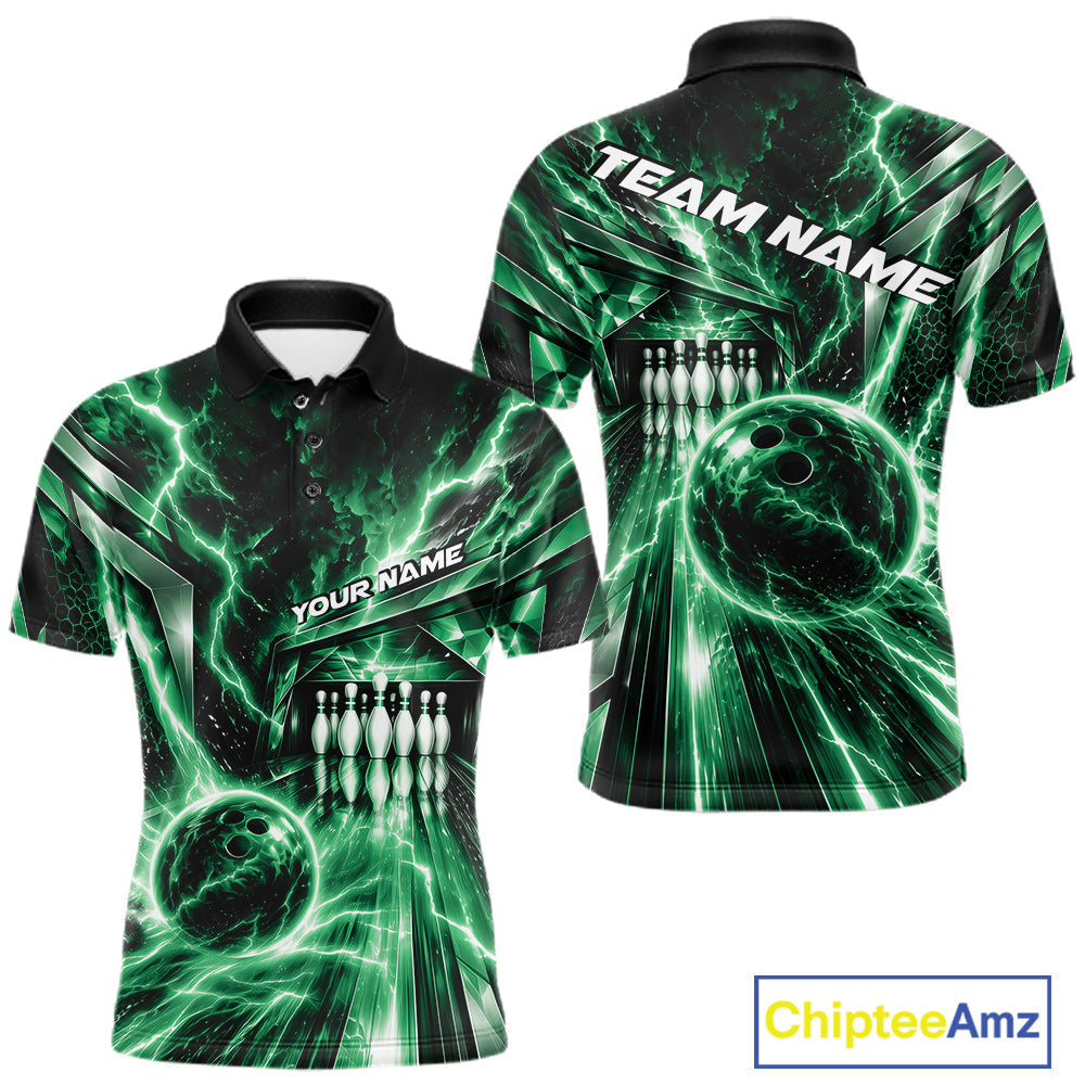 Custom Green Lightning Bowling Polo Shirt, Bowling League Shirt Bowler Outfit