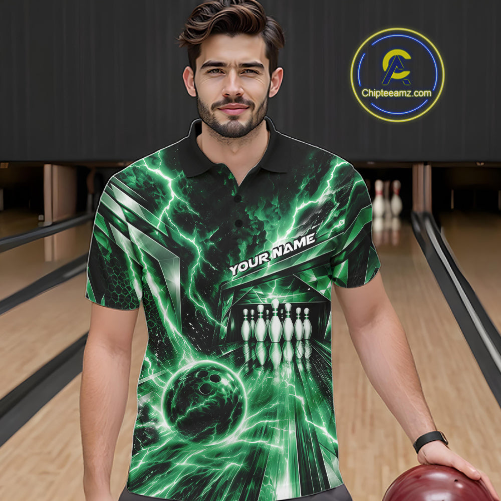 Custom Green Lightning Bowling Polo Shirt, Bowling League Shirt Bowler Outfit