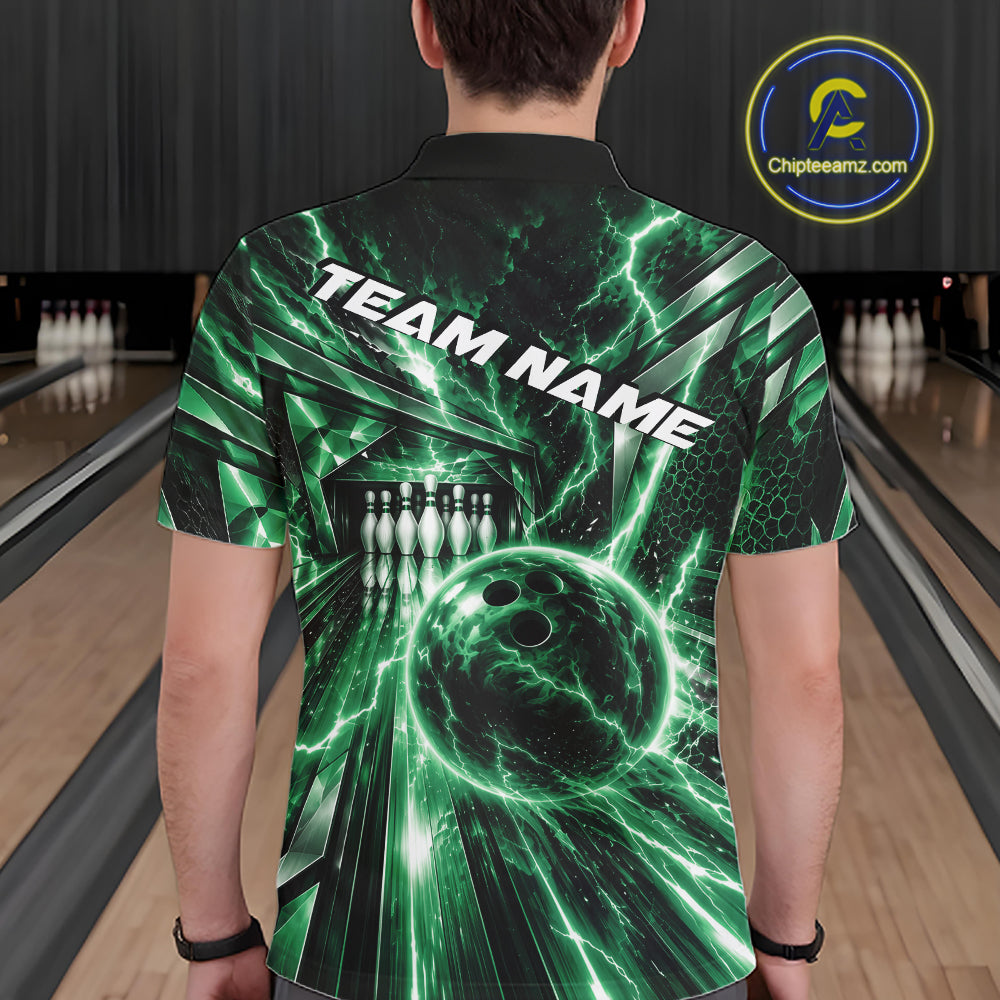Custom Green Lightning Bowling Polo Shirt, Bowling League Shirt Bowler Outfit