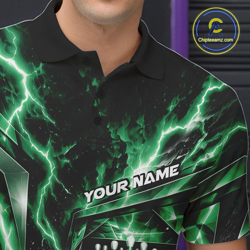 Custom Green Lightning Bowling Polo Shirt, Bowling League Shirt Bowler Outfit