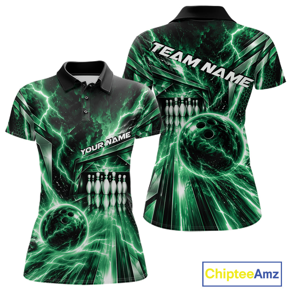 Custom Green Lightning Bowling Polo Shirt, Bowling League Shirt Bowler Outfit