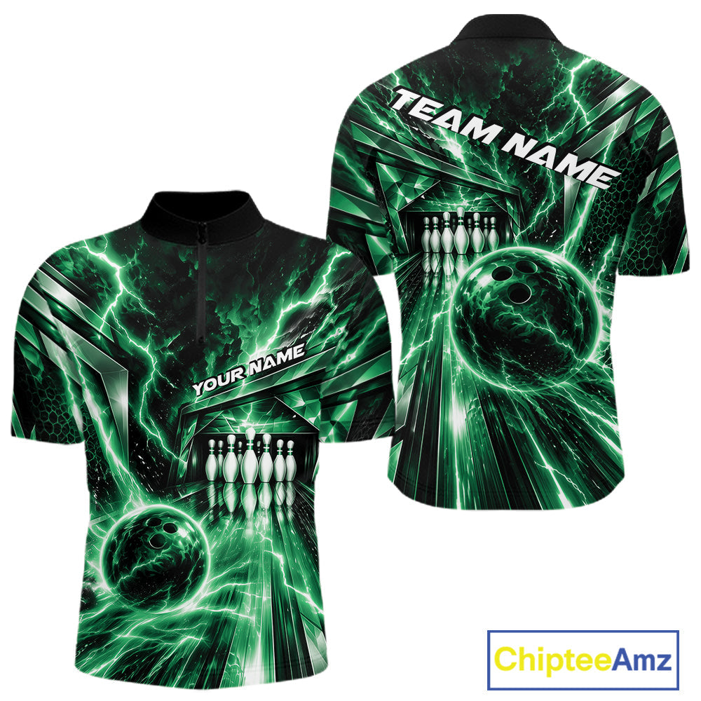 Custom Green Lightning Bowling Quarter Zip Shirt, Bowling League Shirt Bowler Outfit