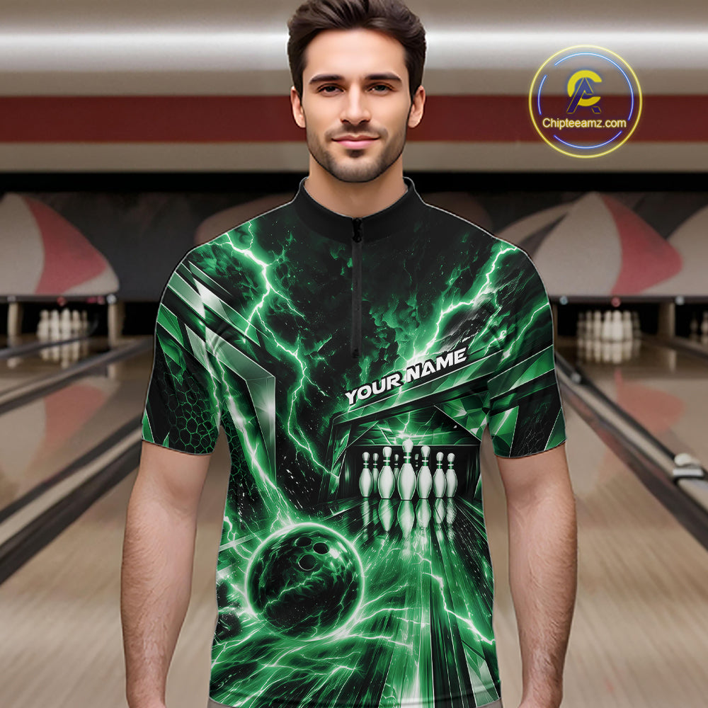 Custom Green Lightning Bowling Quarter Zip Shirt, Bowling League Shirt Bowler Outfit