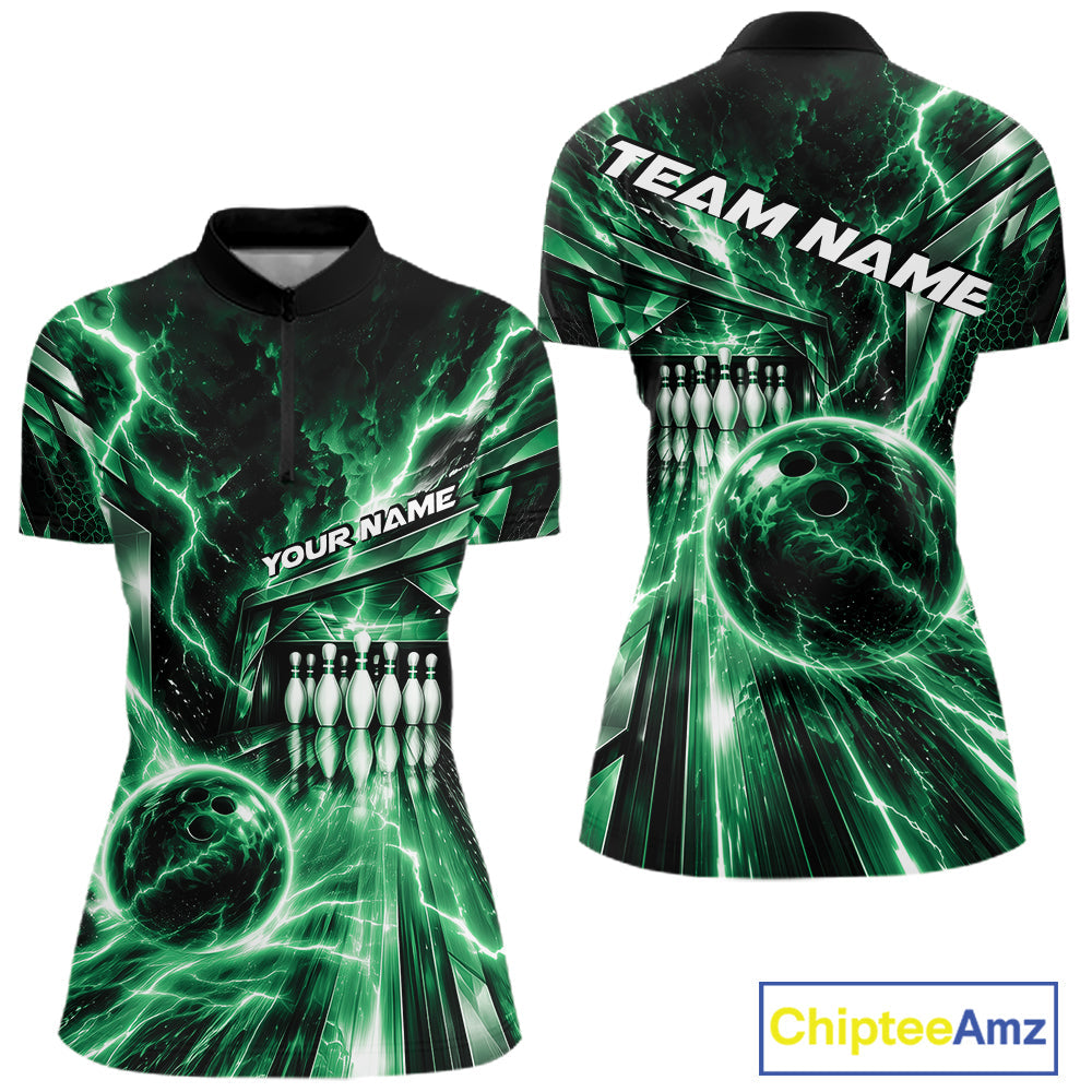 Custom Green Lightning Bowling Quarter-Zip Shirt, Bowling League Shirt