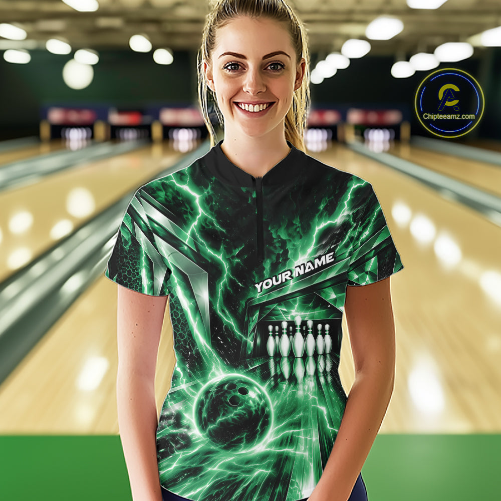 Custom Green Lightning Bowling Quarter-Zip Shirt, Bowling League Shirt