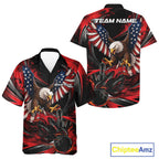 Custom Red Flame American Flag Eagle Patriotic Bowling And Button Up Shirt, Team Uniform