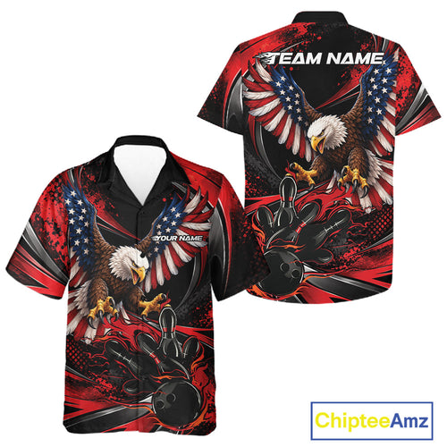 Custom Red Flame American Flag Eagle Patriotic Bowling And Button Up Shirt, Team Uniform