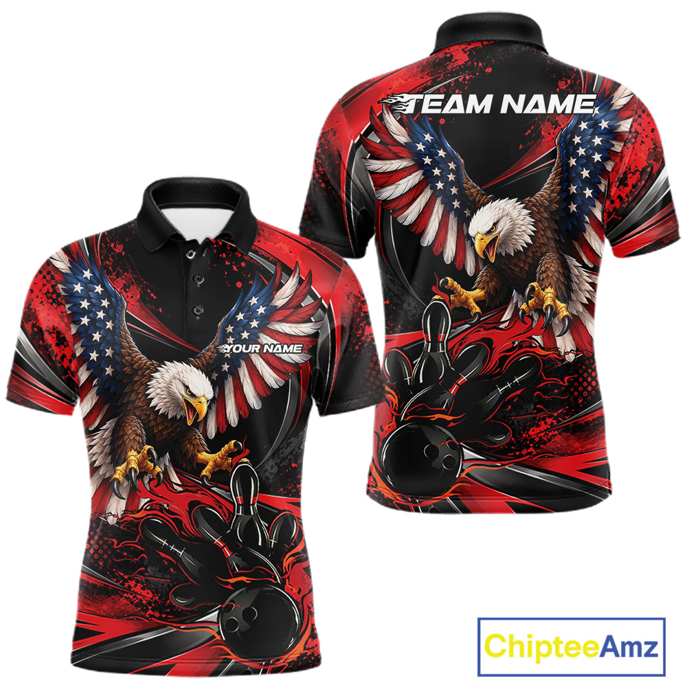 Custom Red Flame American Flag Eagle Patriotic Bowling Polo Shirt, Team Uniform