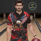 Custom Red Flame American Flag Eagle Patriotic Bowling Polo Shirt, Team Uniform