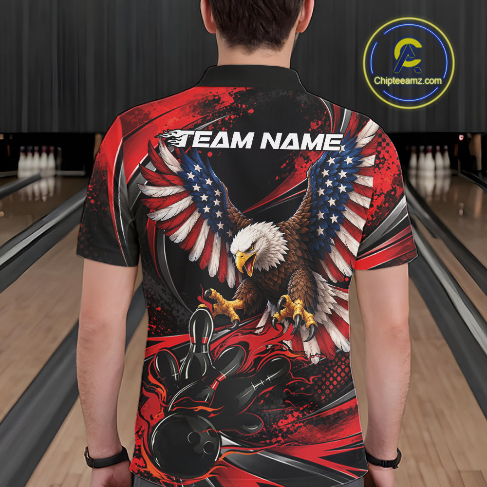 Custom Red Flame American Flag Eagle Patriotic Bowling Polo Shirt, Team Uniform