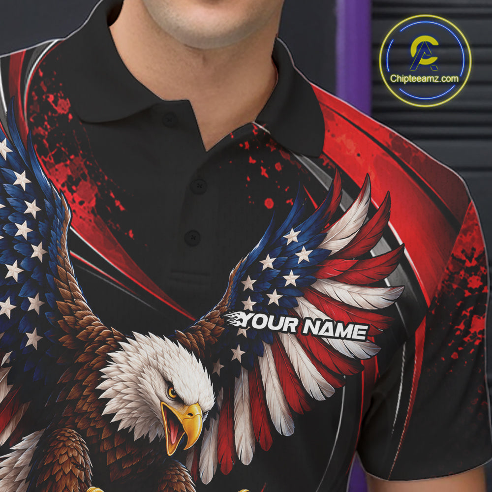 Custom Red Flame American Flag Eagle Patriotic Bowling Polo Shirt, Team Uniform