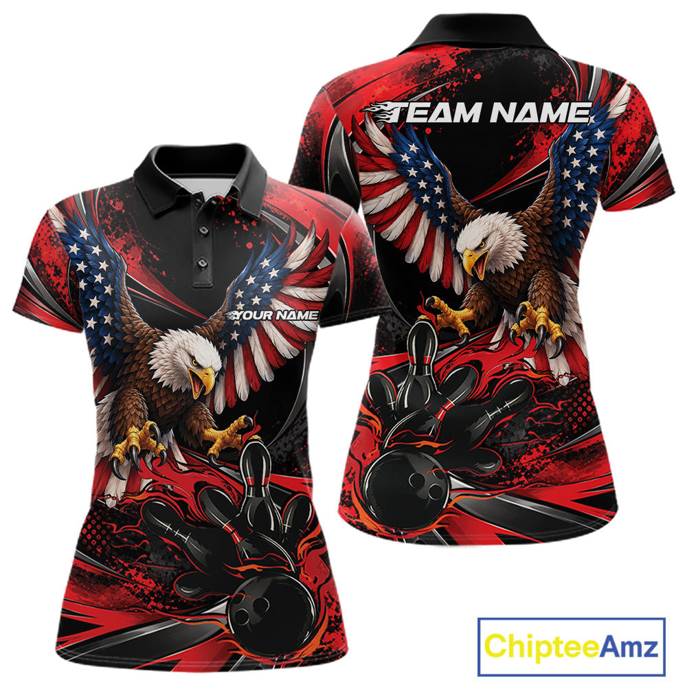 Custom Red Flame American Flag Eagle Patriotic Bowling Polo Shirt, Team Uniform