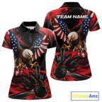 Custom Red Flame American Flag Eagle Patriotic Bowling Polo Shirt, Team Uniform